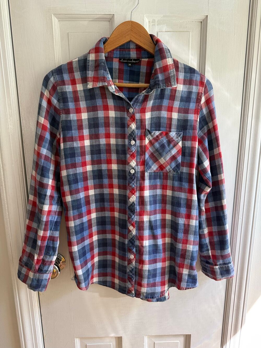 Alison Andrews Red White and Blue Plaid Shirt Size Medium EUC